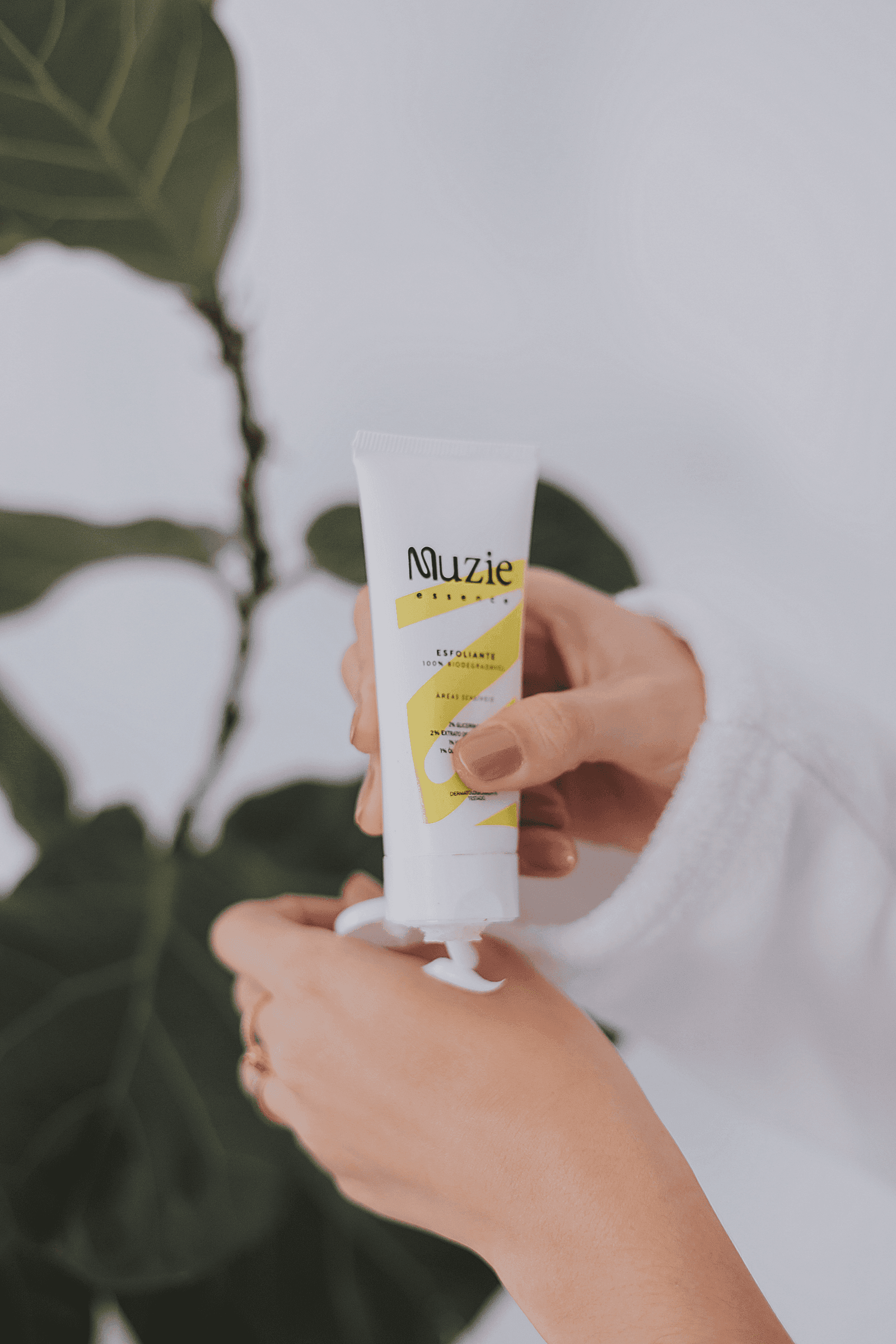 Linha de produtos Muzie Essence em flat lay sobre superfície de madeira